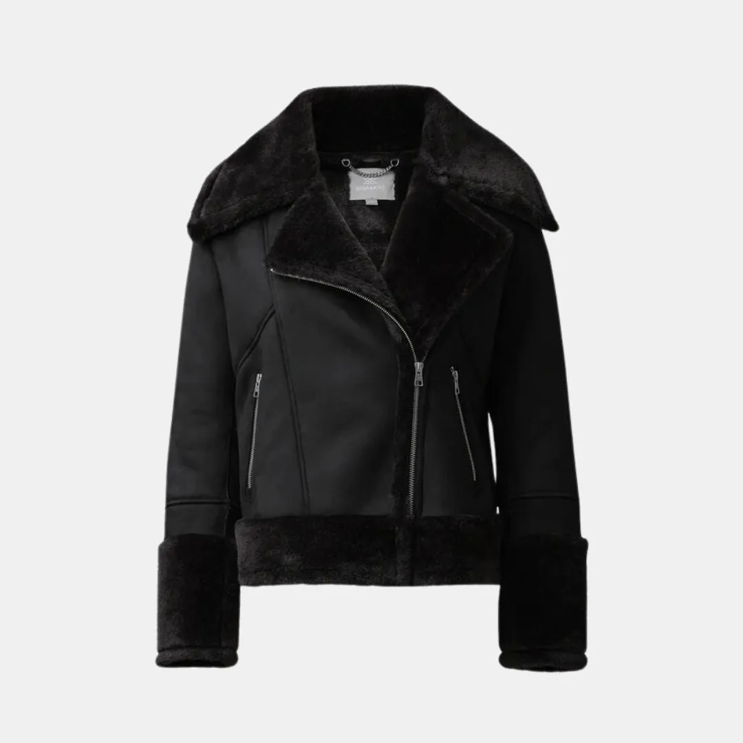 Phoebe Relaxed-Fit Luxe Faux Sherpa Biker Jacket (Black)