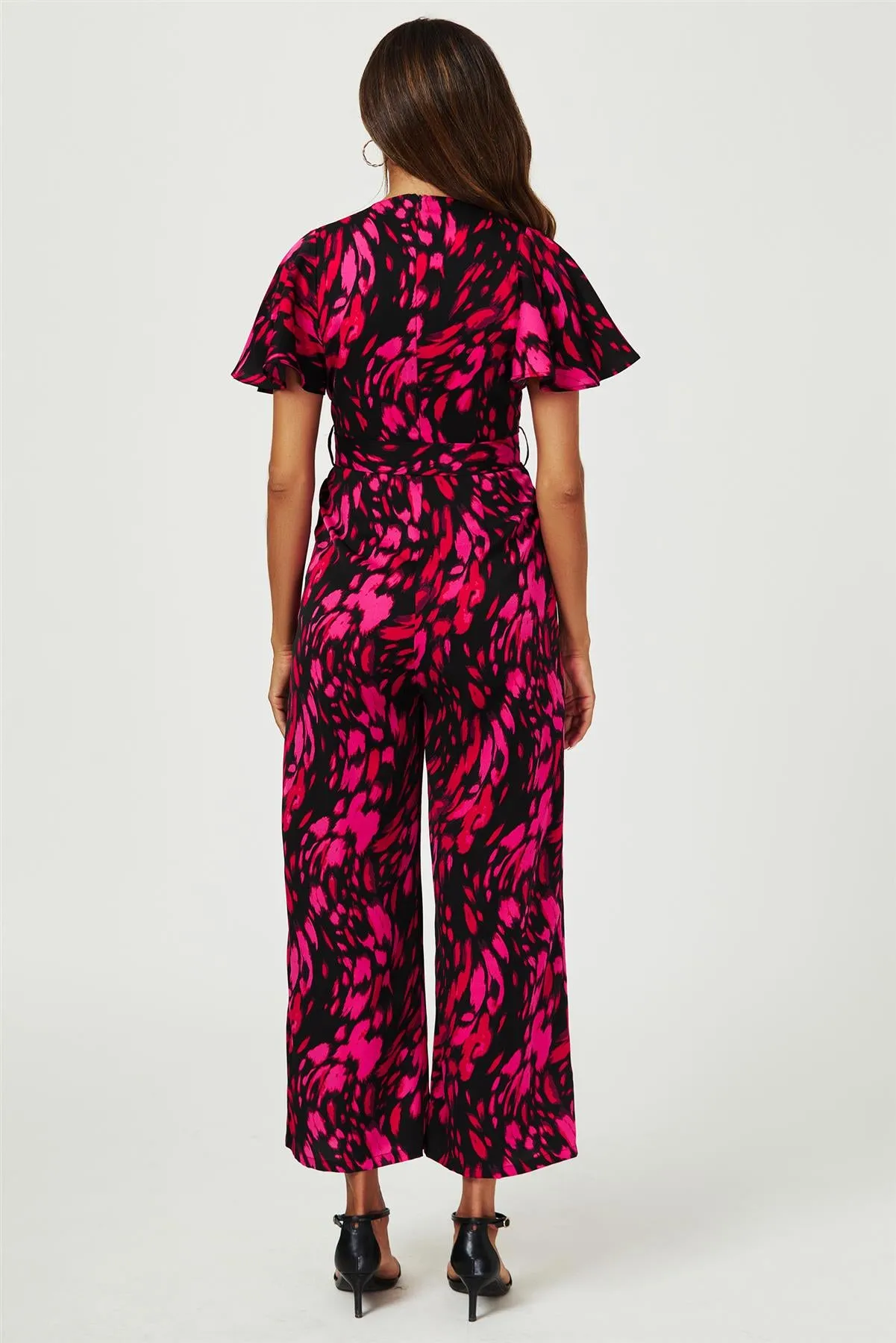 Pink Abstract Print Wrap Top Jumpsuit In Black