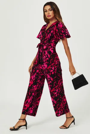 Pink Abstract Print Wrap Top Jumpsuit In Black