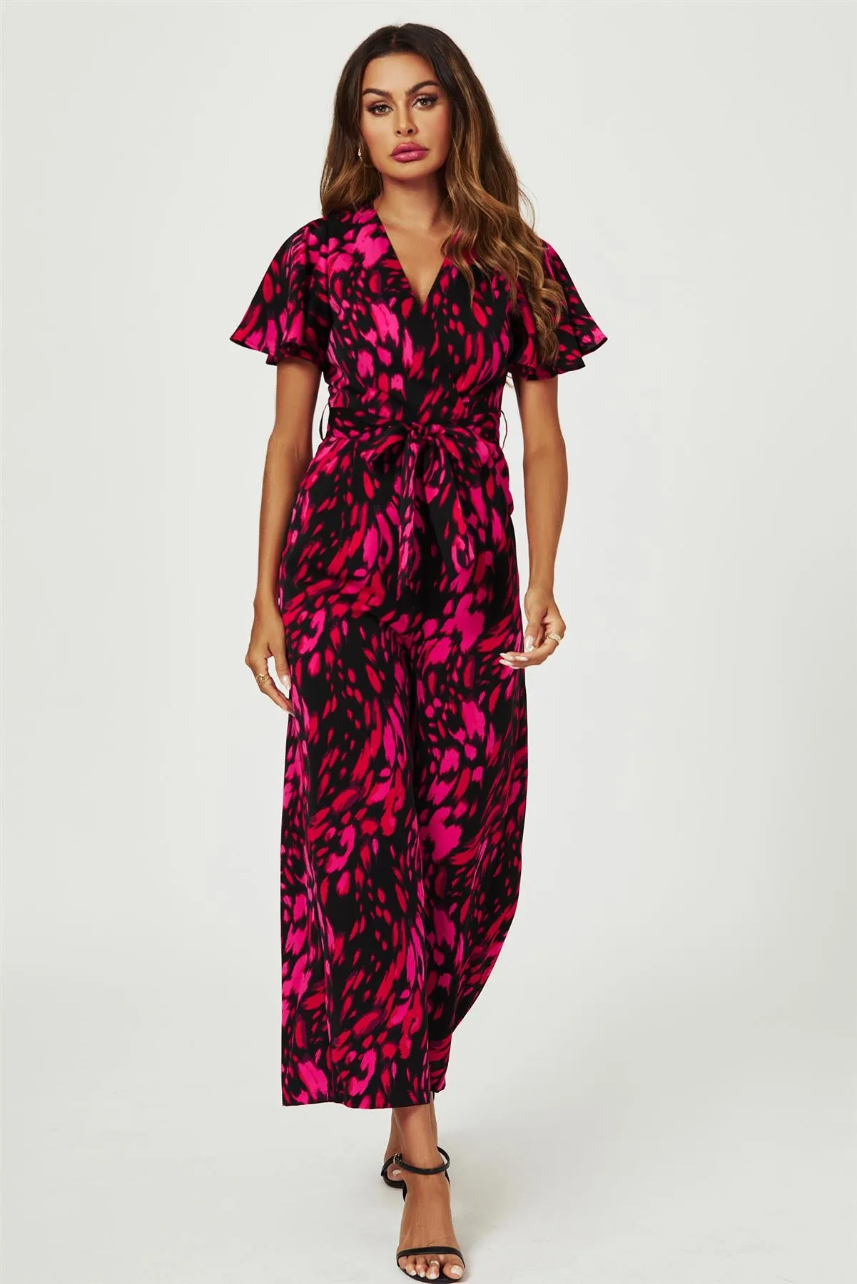 Pink Abstract Print Wrap Top Jumpsuit In Black