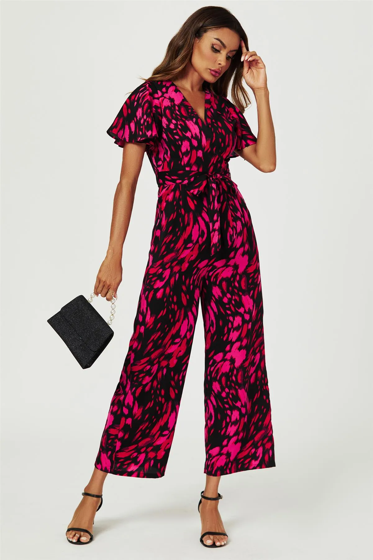 Pink Abstract Print Wrap Top Jumpsuit In Black