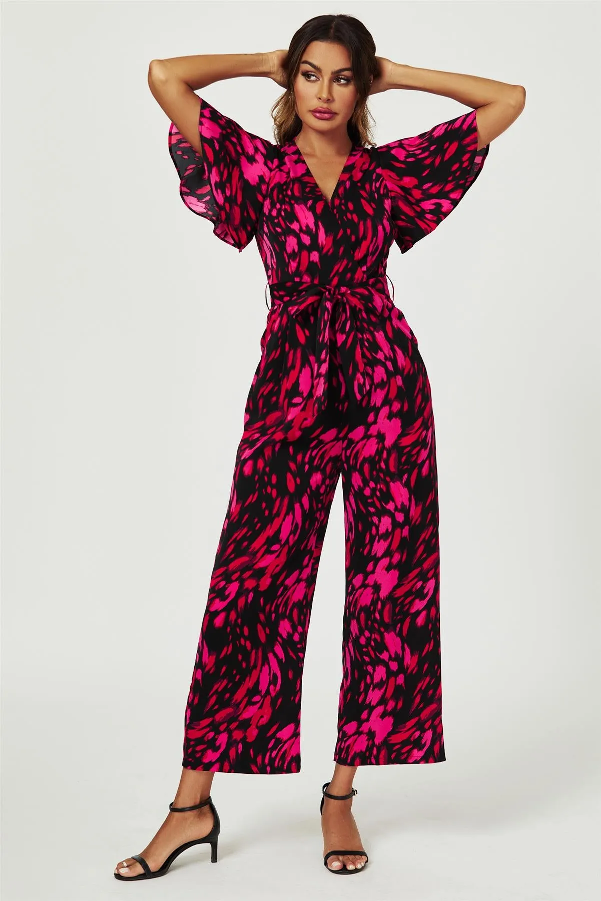 Pink Abstract Print Wrap Top Jumpsuit In Black