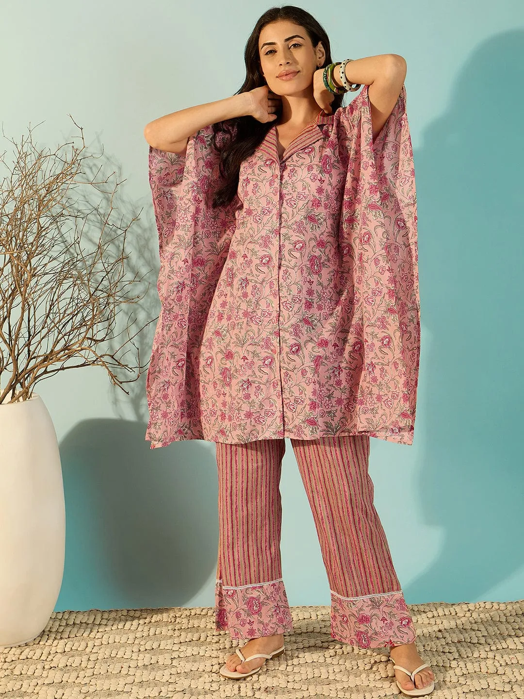 Pink Handcrafted Cotton Kaftan Co-Ord Set For Women