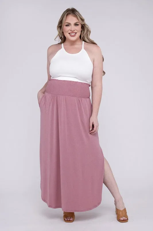 Plus Smocked Waist Side Slit Maxi Skirt w/ Pockets