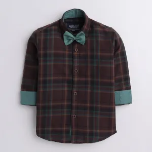 Polka Tots checks full sleeves  shirt with blue bow tie  elbow patch - Brown