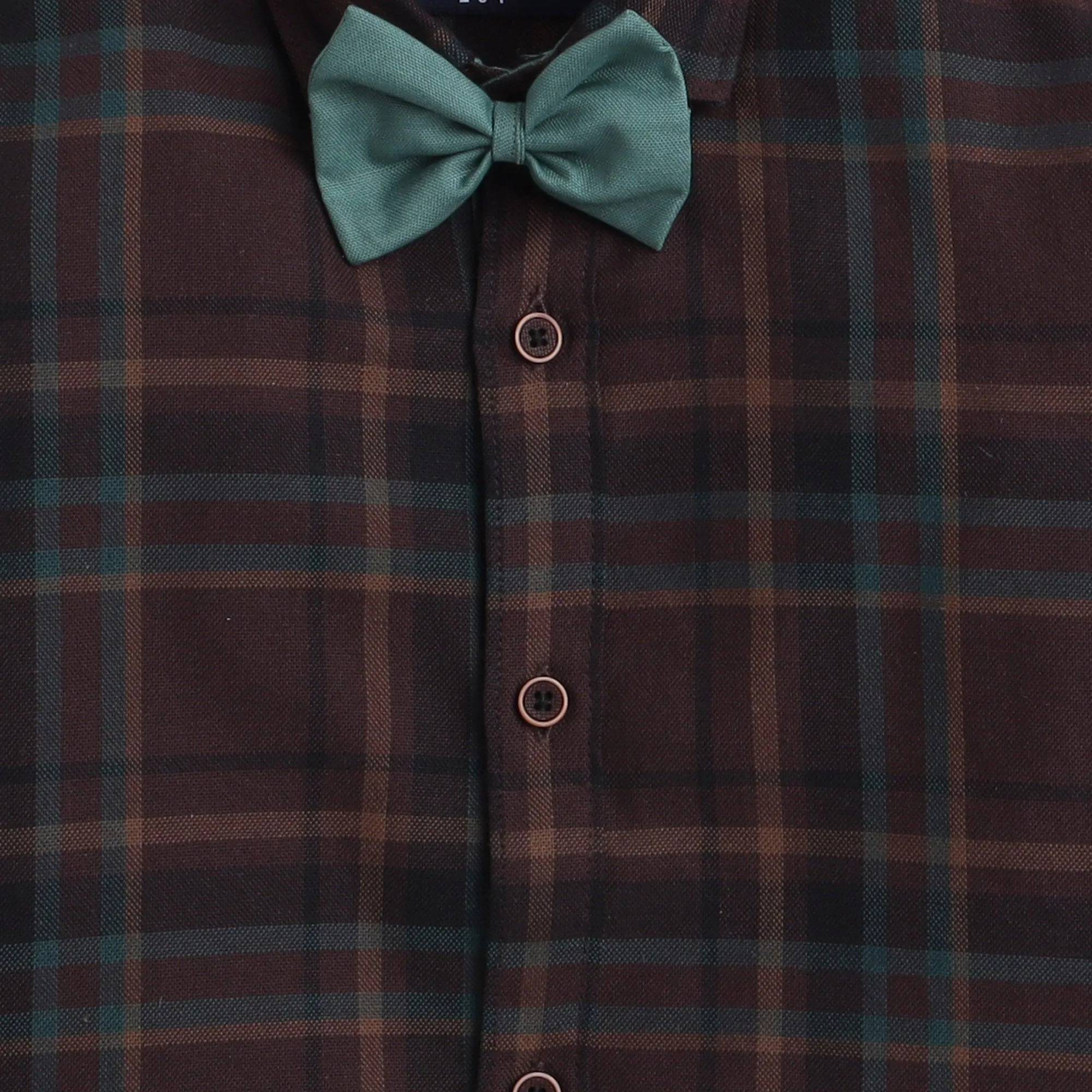 Polka Tots checks full sleeves  shirt with blue bow tie  elbow patch - Brown