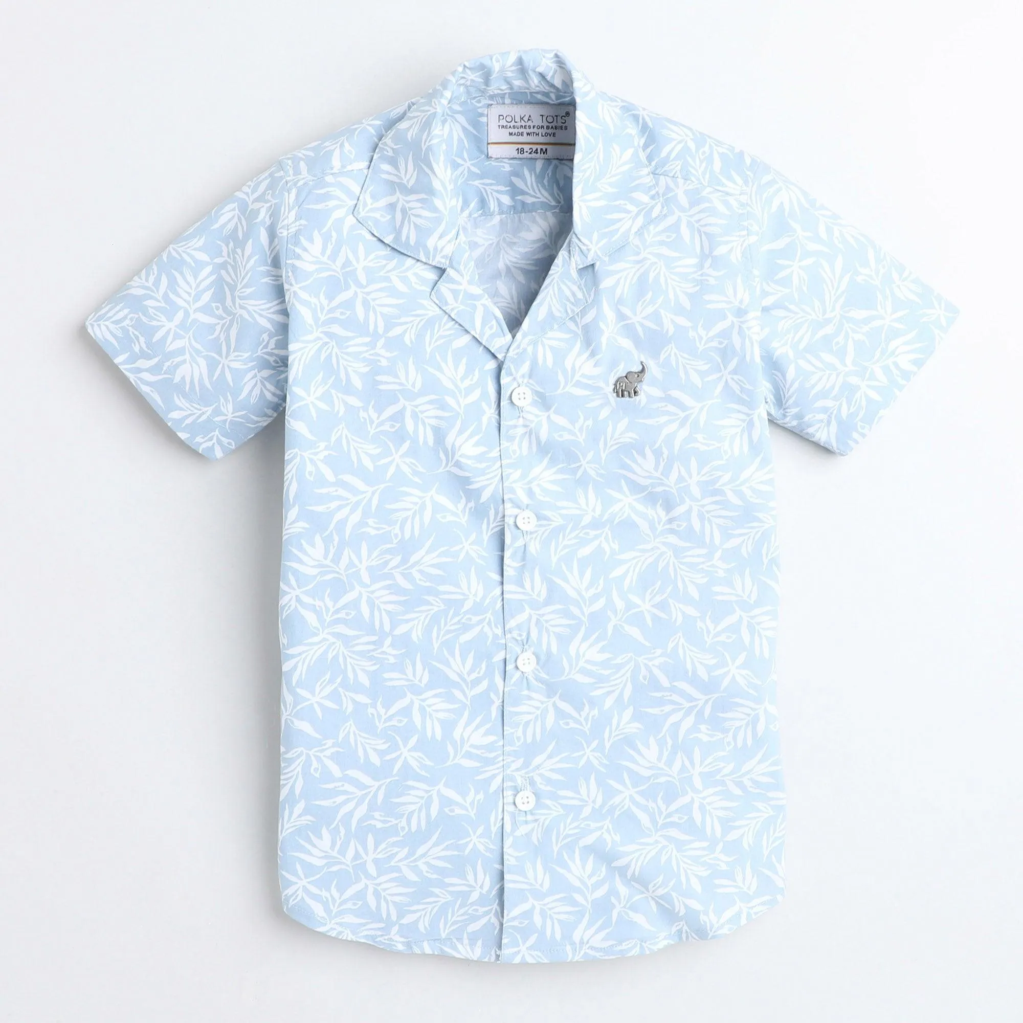 Polka Tots Cotton Half Sleeves Floral Printed Tennis Collar Shirt - Sky Blue