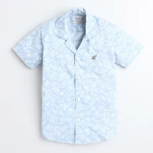 Polka Tots Cotton Half Sleeves Floral Printed Tennis Collar Shirt - Sky Blue