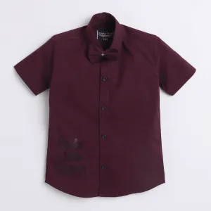 Polka Tots Cotton Regular Fit Dads Little Copy Diamond Party Wear Shirt With Bow Tie - Dark Maroon