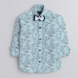 Polka Tots Cotton Regular Fit Full Sleeve Zig Zag Print Dual Bow Tie Shirt - Sky Blue