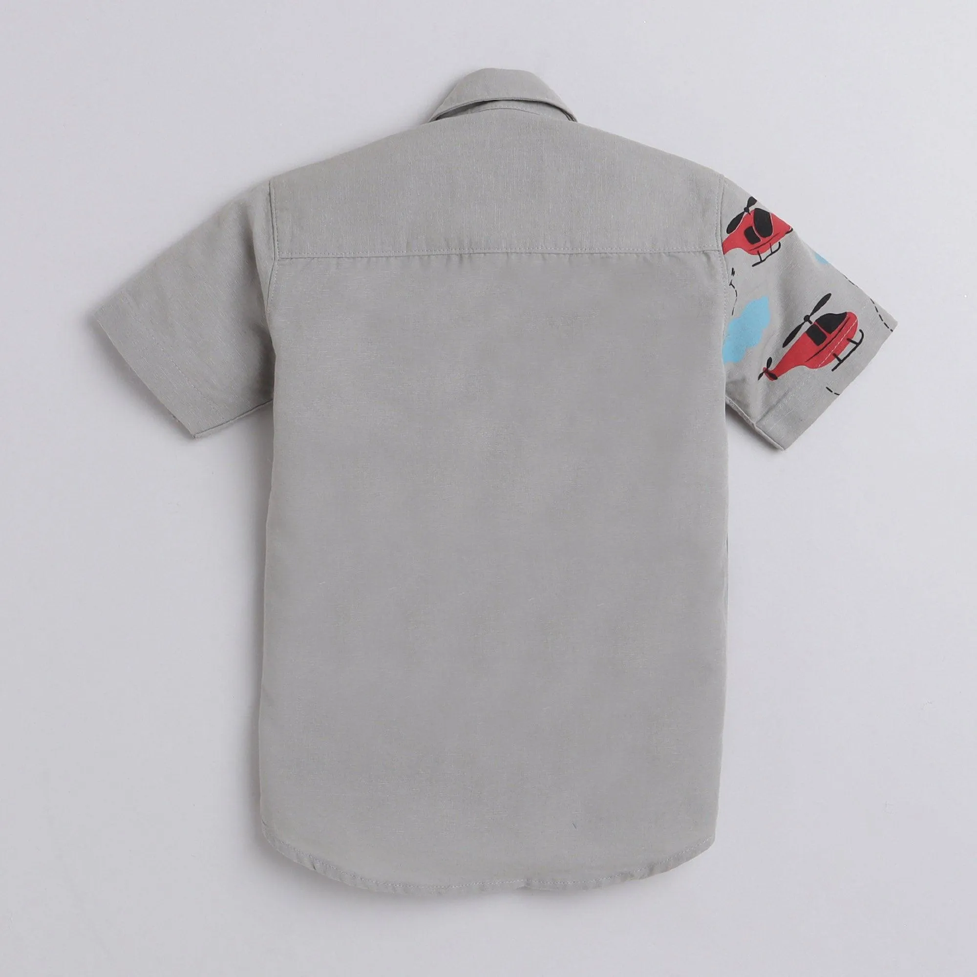 Polka Tots Cotton Regular Fit Half Printed Helicopter Sky Theme Shirt - Grey