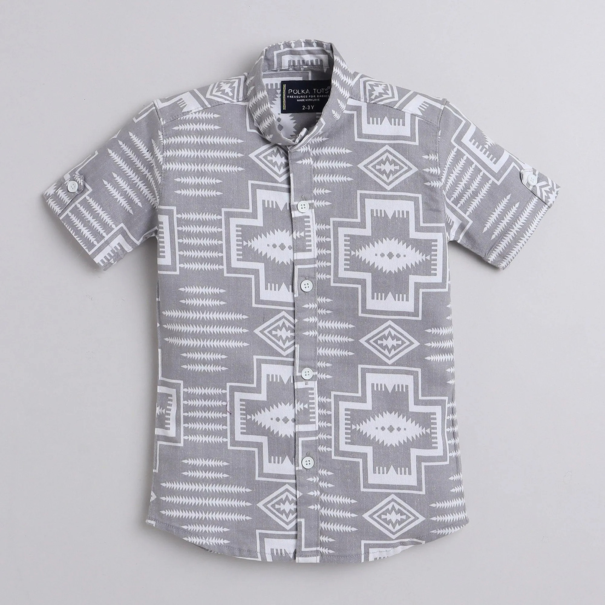 Polka Tots Cotton Regular Fit Half Sleeve Chinese Collar Geometric Print Shirt - Grey