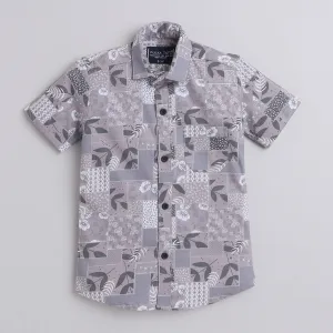 Polka Tots Cotton Regular Fit Half Sleeve Leaf Printed Shirt - Grey