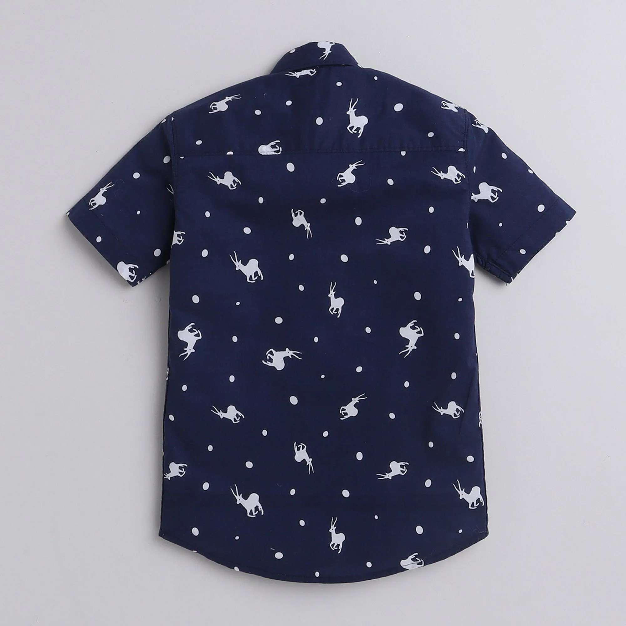 Polka Tots Cotton Regular Fit Half Sleeve Reindeer & Polka Dots Print Shirt - Navy Blue