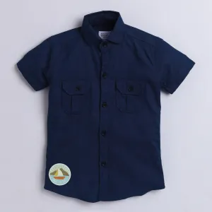 Polka Tots Full Half Sleeve Shirt 2 Pockets Boat Patch - Navy Blue