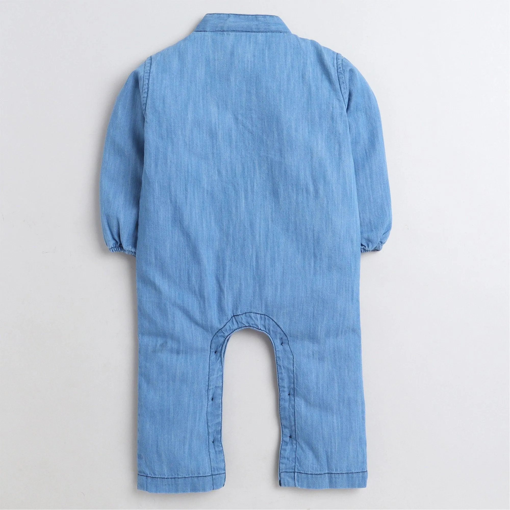 Polka Tots Full Sleeve Denim 2 flap pocket front printed  Full Romper - Blue