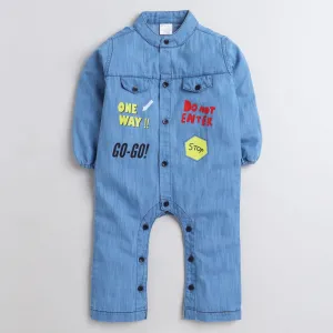 Polka Tots Full Sleeve Denim 2 flap pocket front printed  Full Romper - Blue