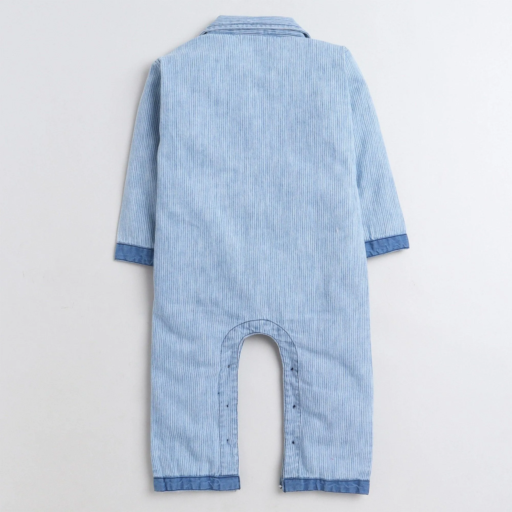 Polka Tots Full Sleeve Denim guitar embroidery Full Romper - Blue