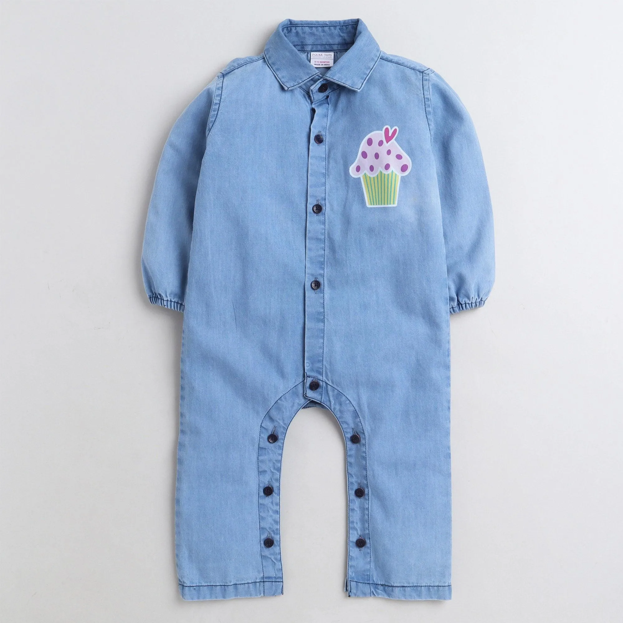 Polka Tots Full Sleeve Denim ice cream Full Romper - Blue