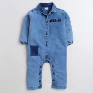 Polka Tots Full Sleeve Denim patch distress Full Romper - Blue