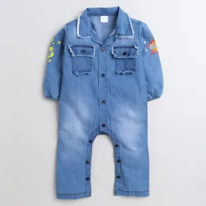 Polka Tots Full Sleeve Denim sleeve printed Full Romper - Blue