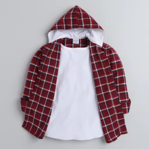 Polka Tots Full Sleeves Checked Hooded TShirt Shirt - Red