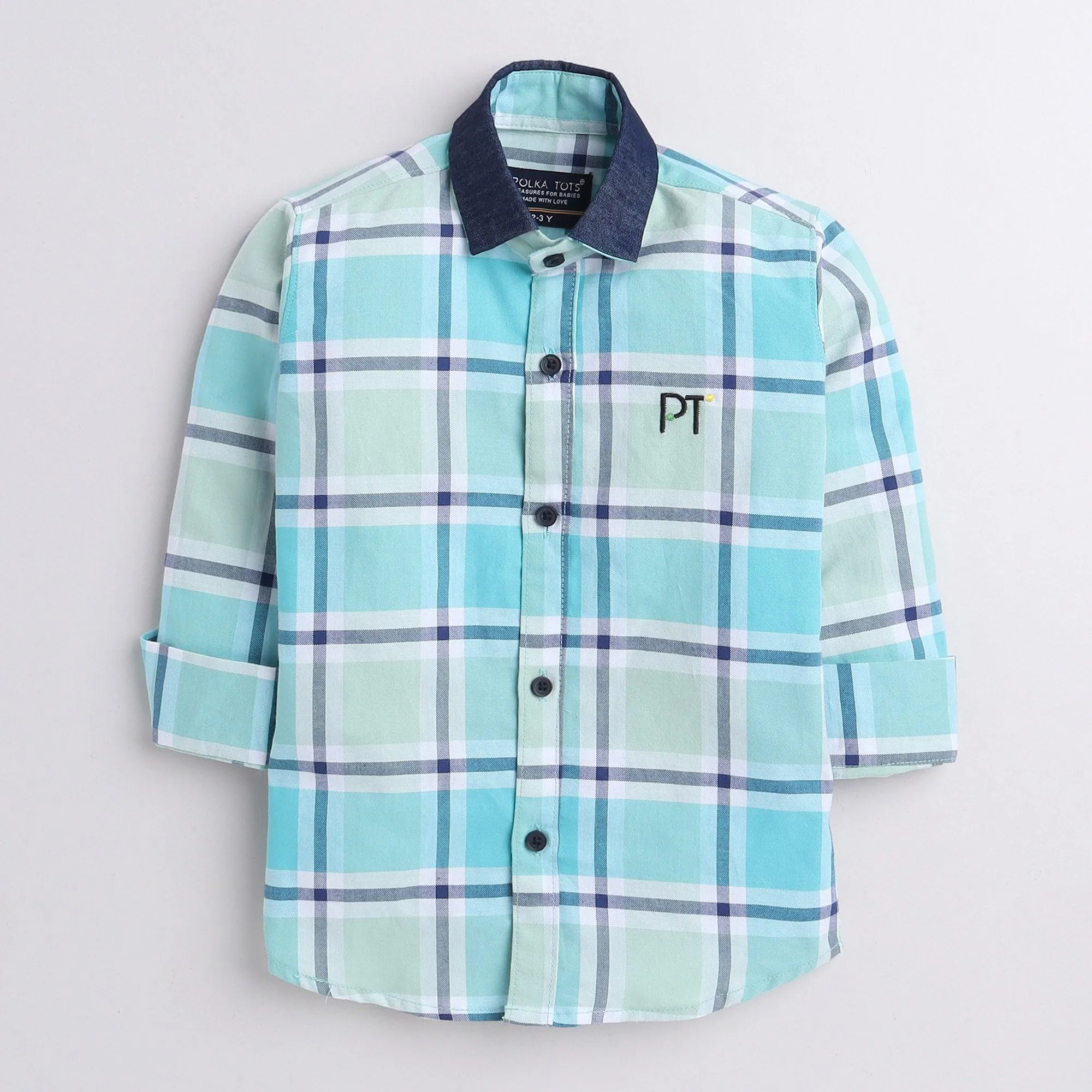 Polka Tots full sleeves checks shirt with  denim collar denim elbow patch  - Blue