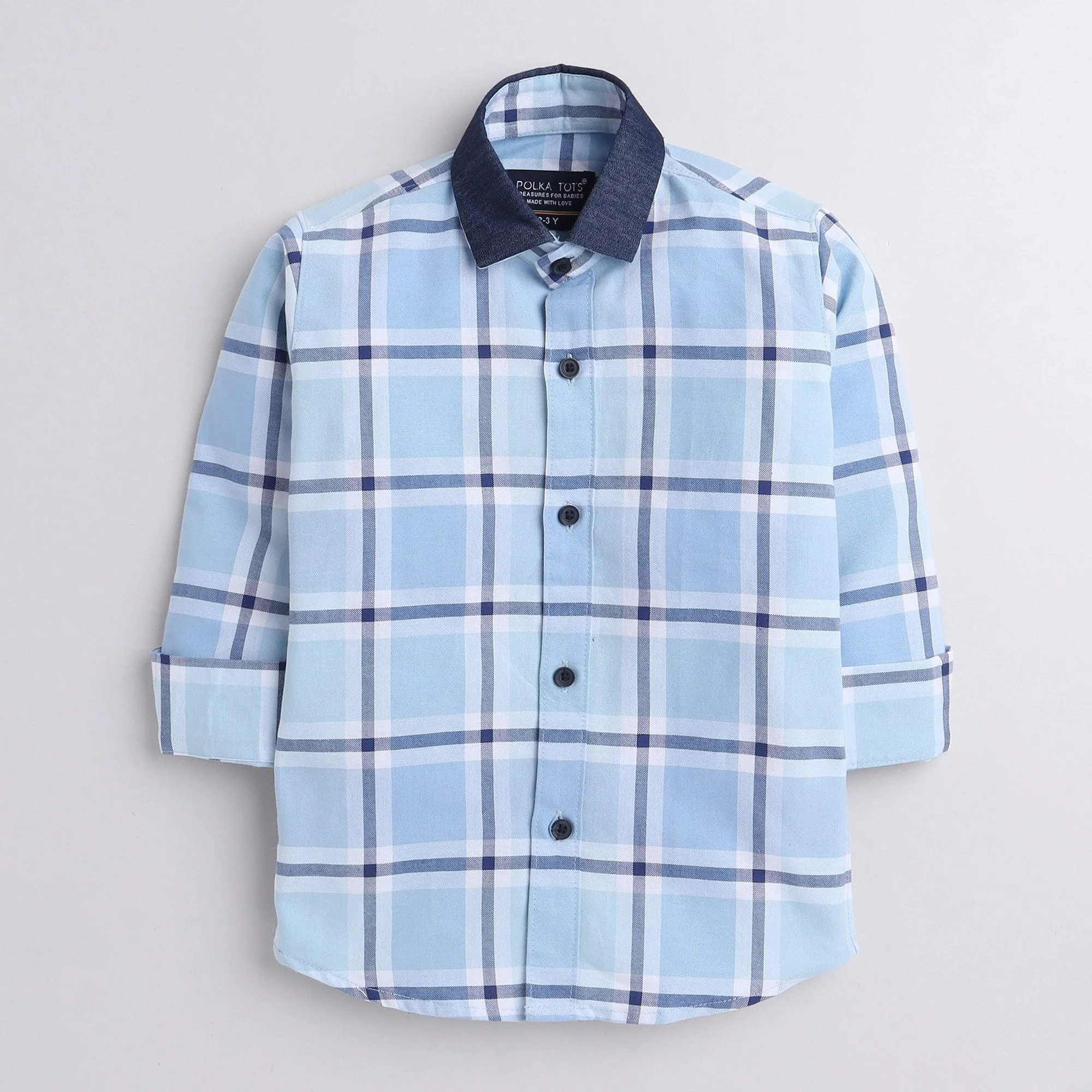 Polka Tots full sleeves checks shirt with  denim collar denim elbow patch  - Light Blue