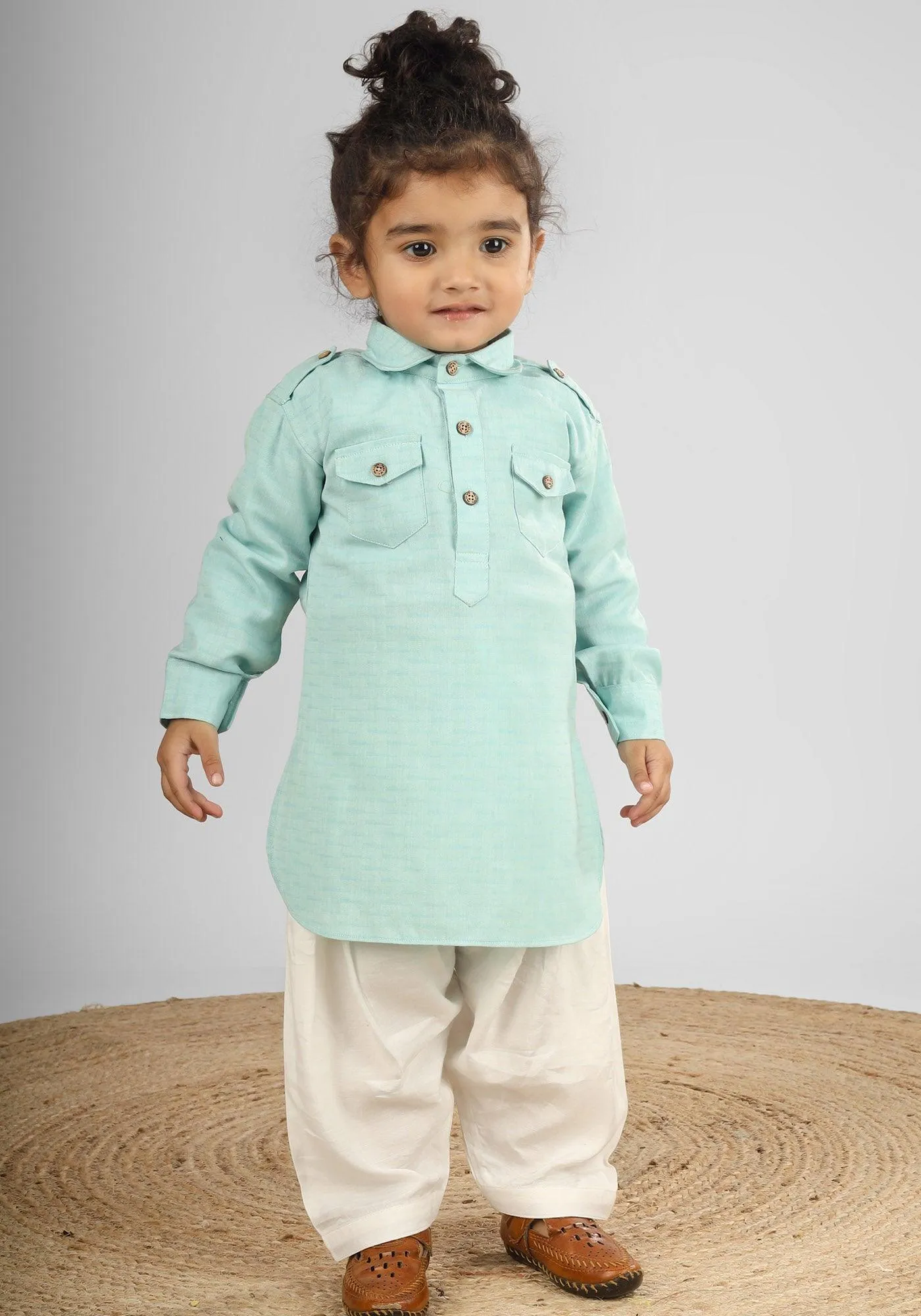 Polka Tots Full Sleeves Pathani Set - Aqua