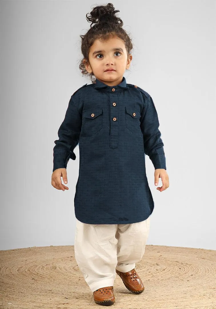 Polka Tots Full Sleeves Pathani Set - Blue