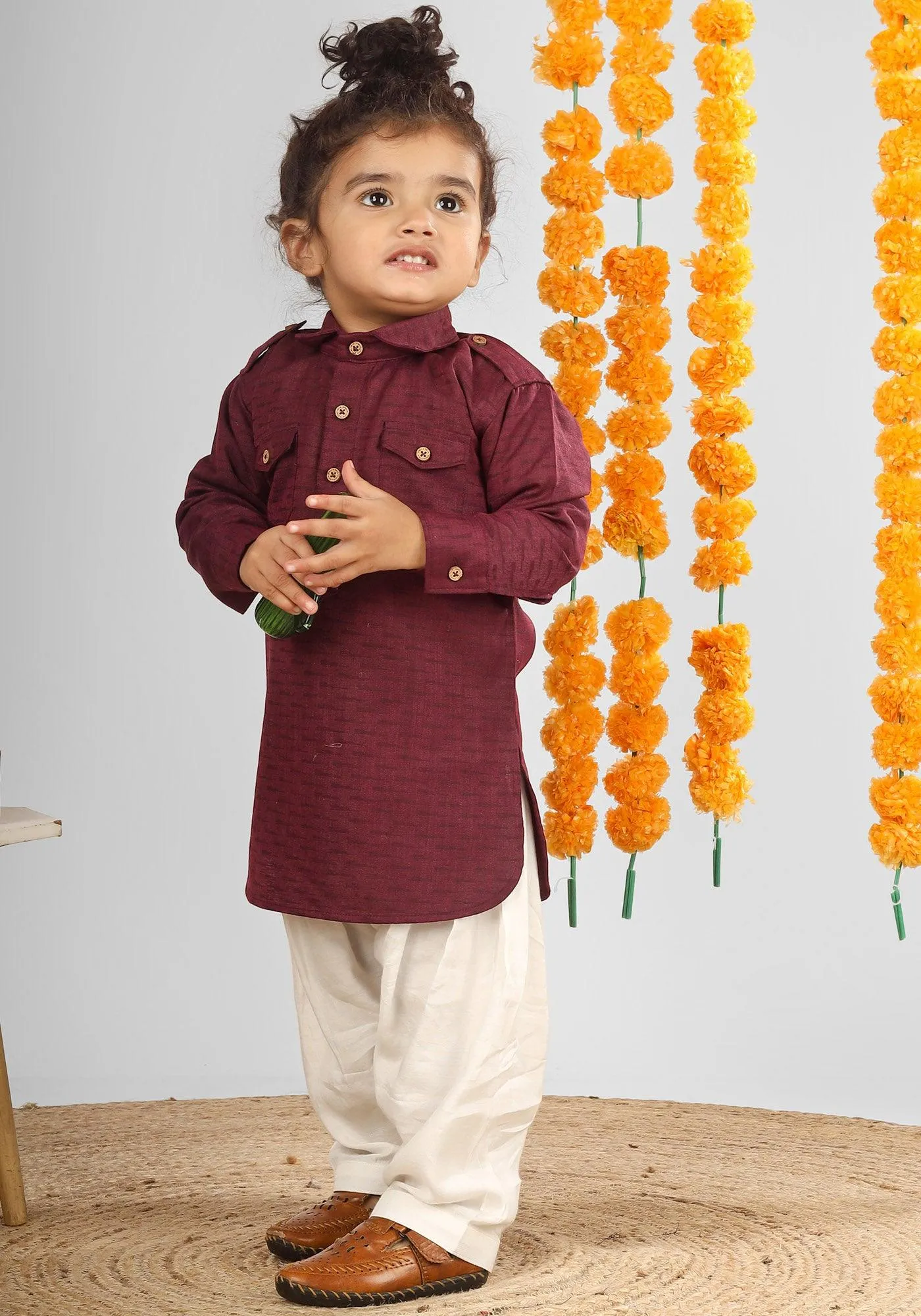 Polka Tots Full Sleeves Pathani Set - Maroon