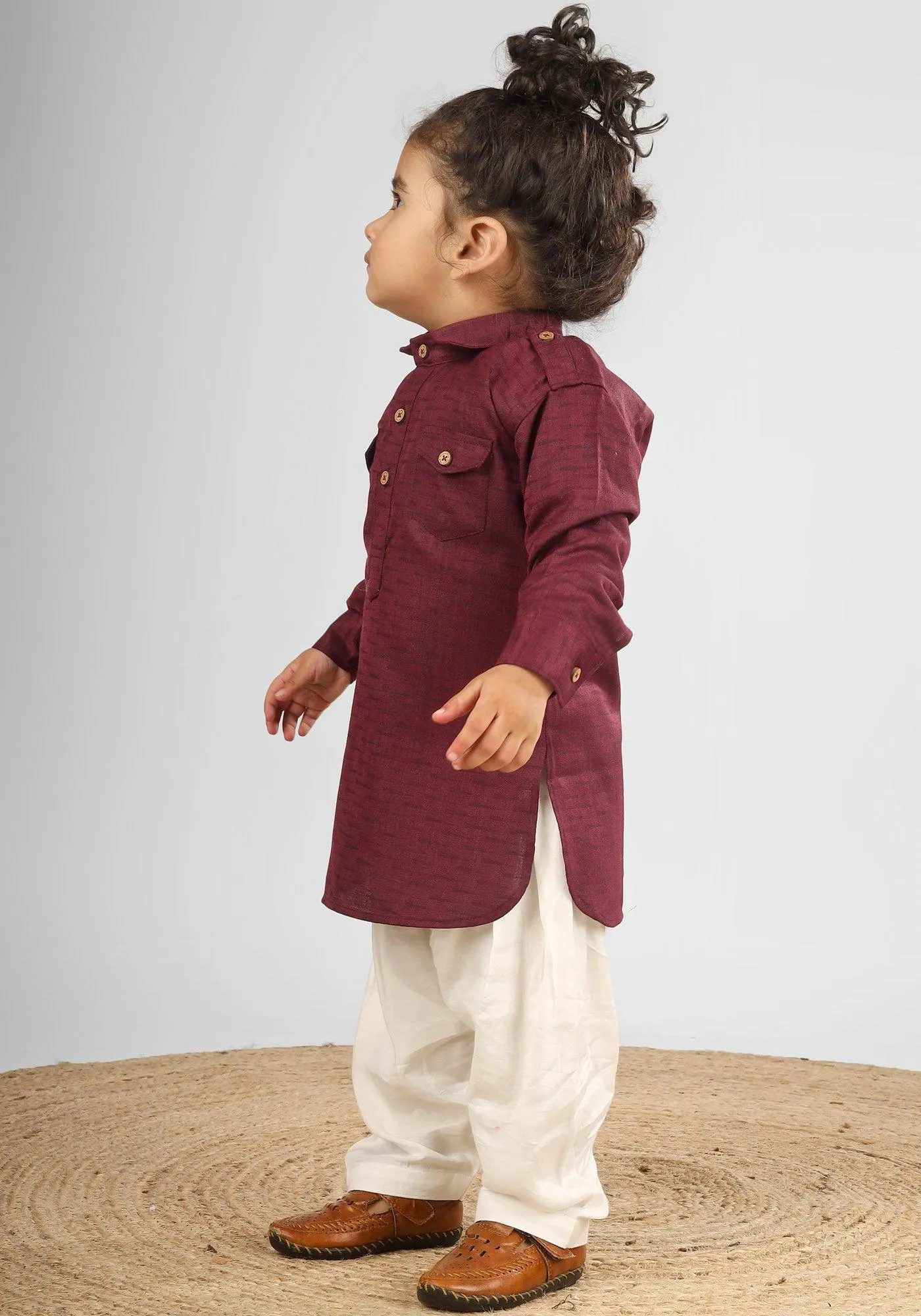 Polka Tots Full Sleeves Pathani Set - Maroon