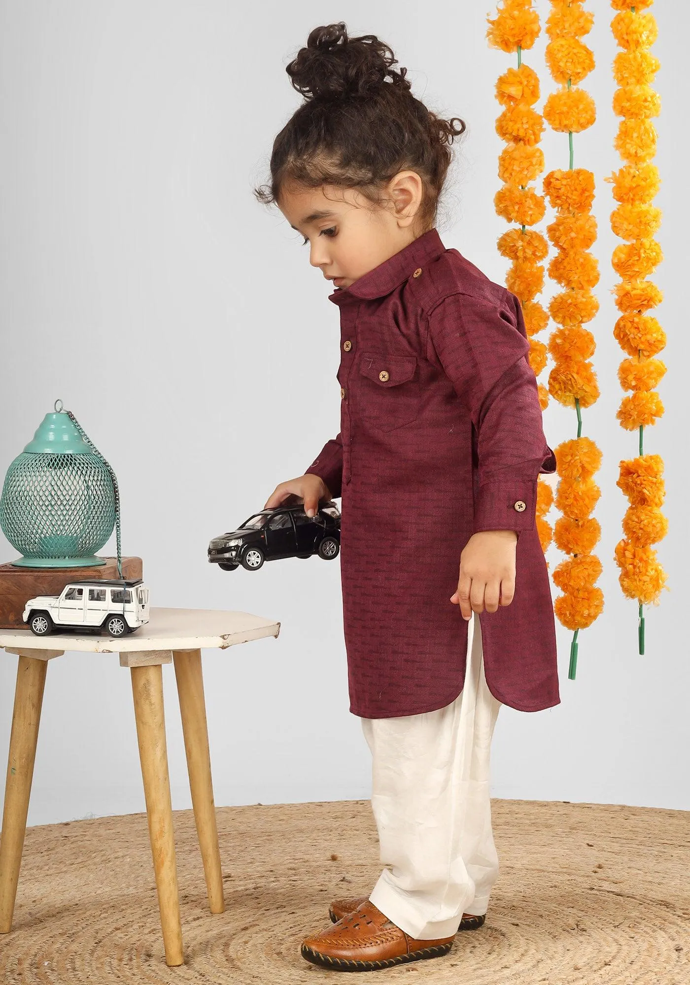 Polka Tots Full Sleeves Pathani Set - Maroon