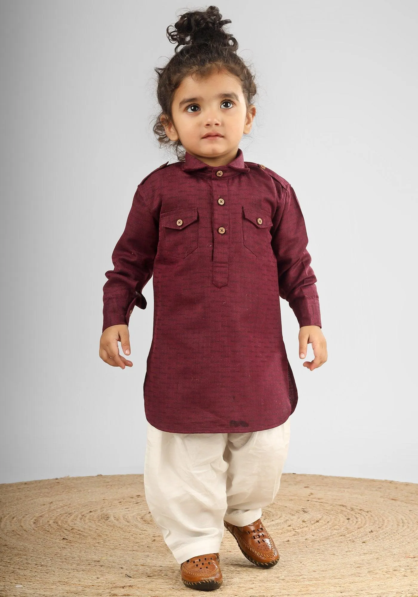 Polka Tots Full Sleeves Pathani Set - Maroon