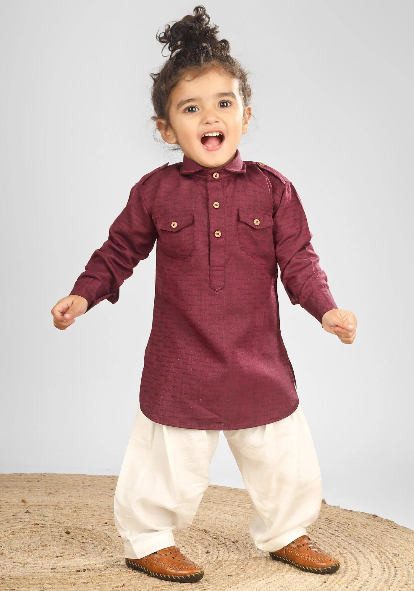 Polka Tots Full Sleeves Pathani Set - Maroon