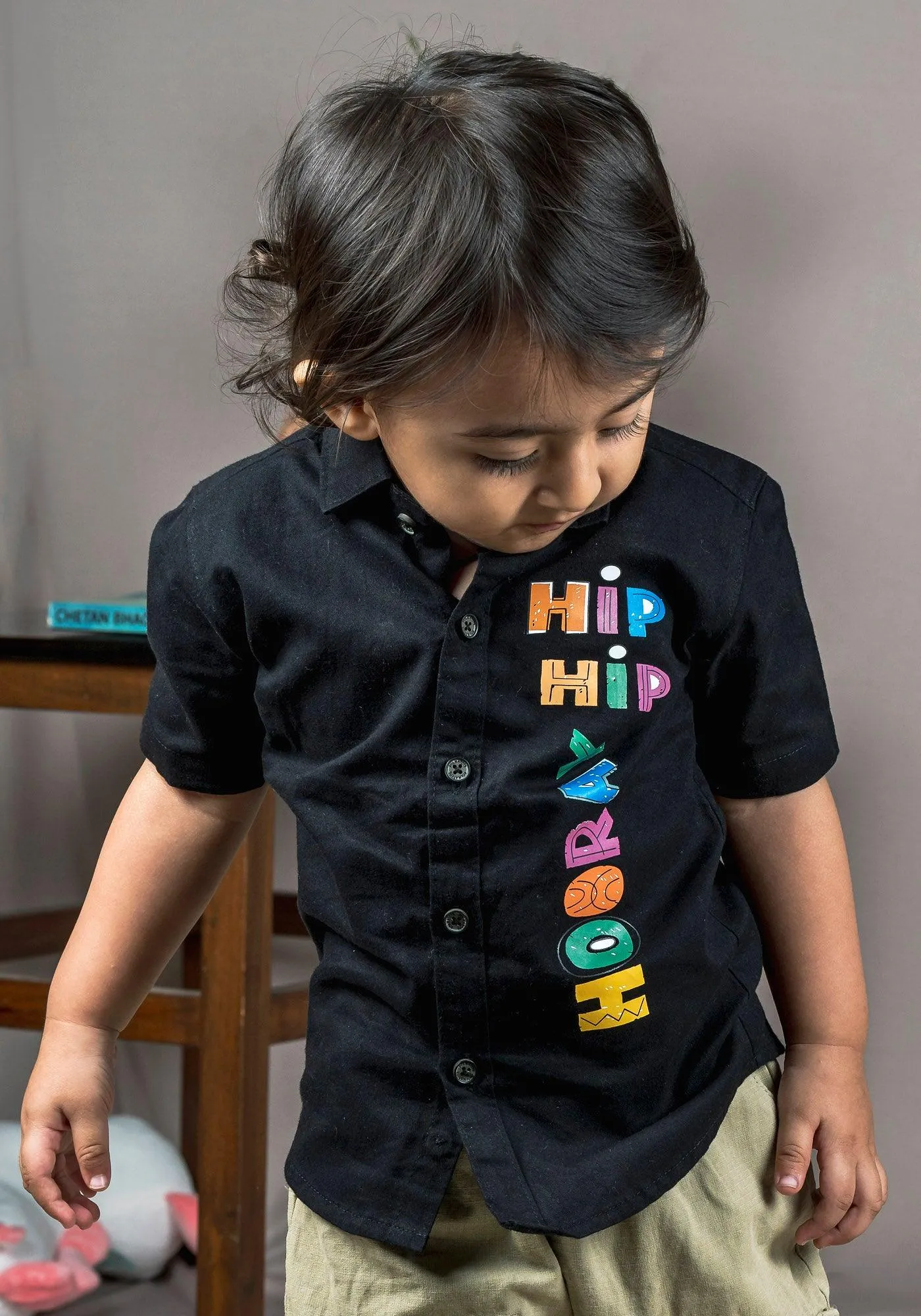 Polka Tots Half Sleeve Hip Hip Hooray Print Shirt - Black