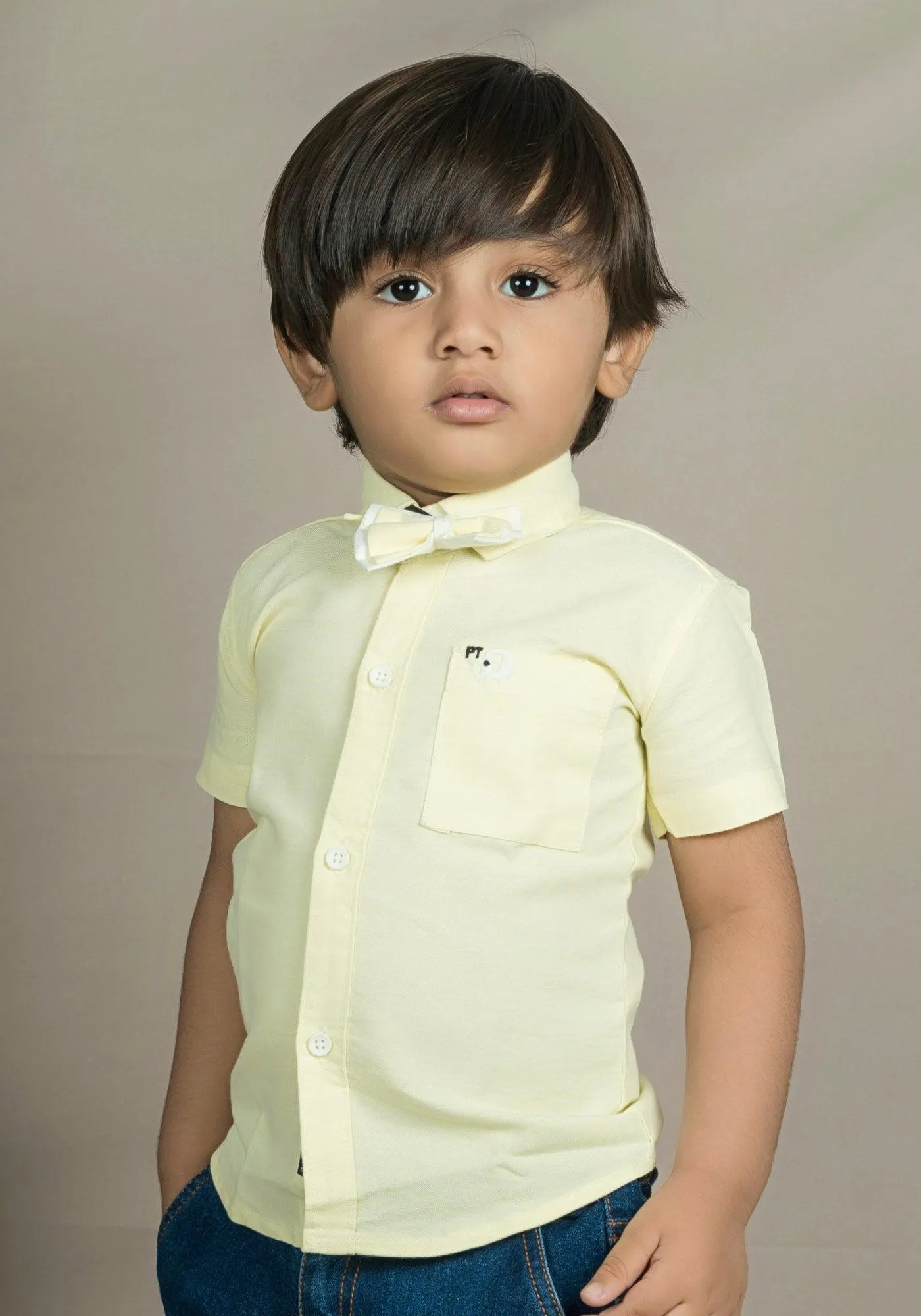 Polka Tots Half sleeve Plain Shirt With Dual Bow Tie - Yellow