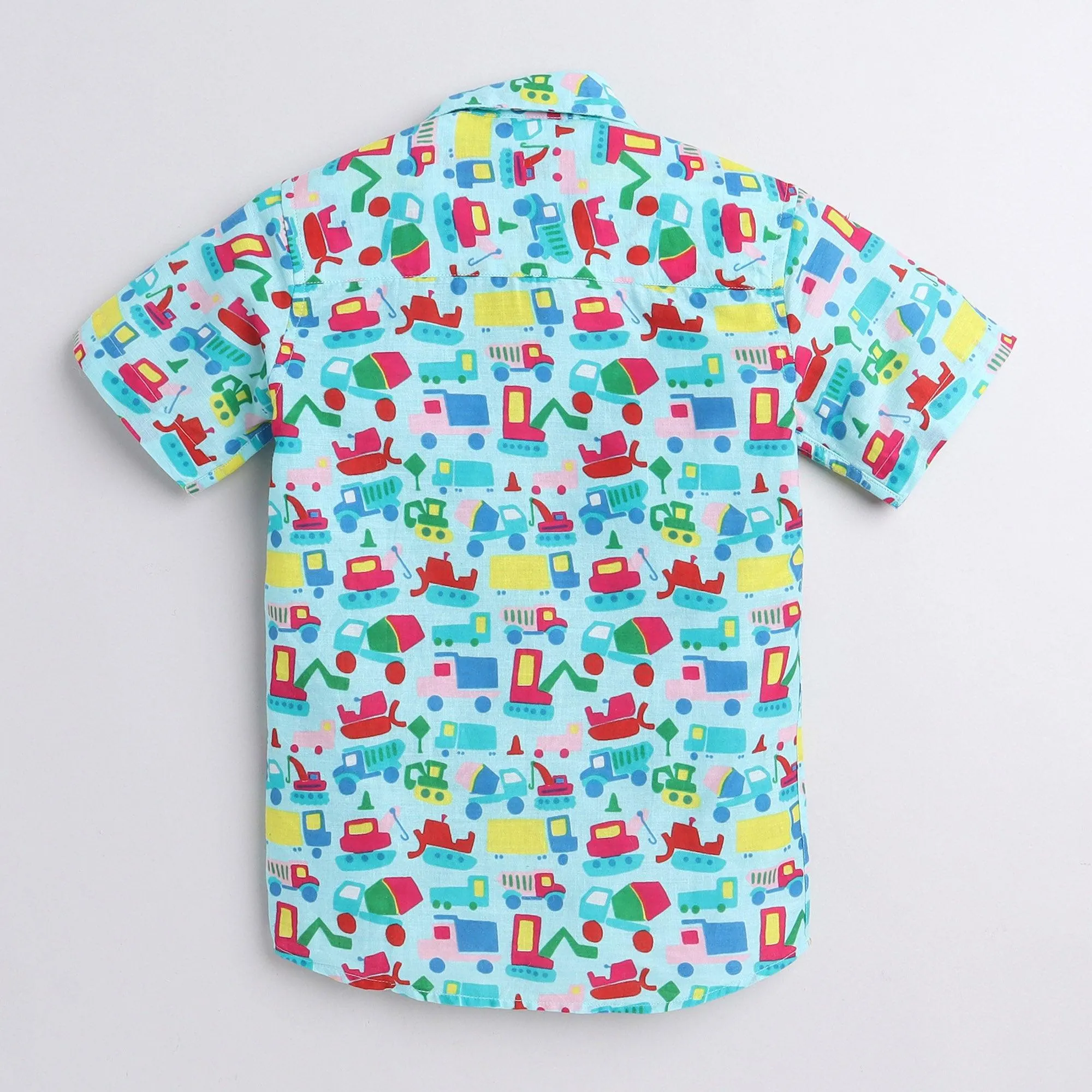 Polka Tots Half Sleeve Shirt Car Print - Light Blue