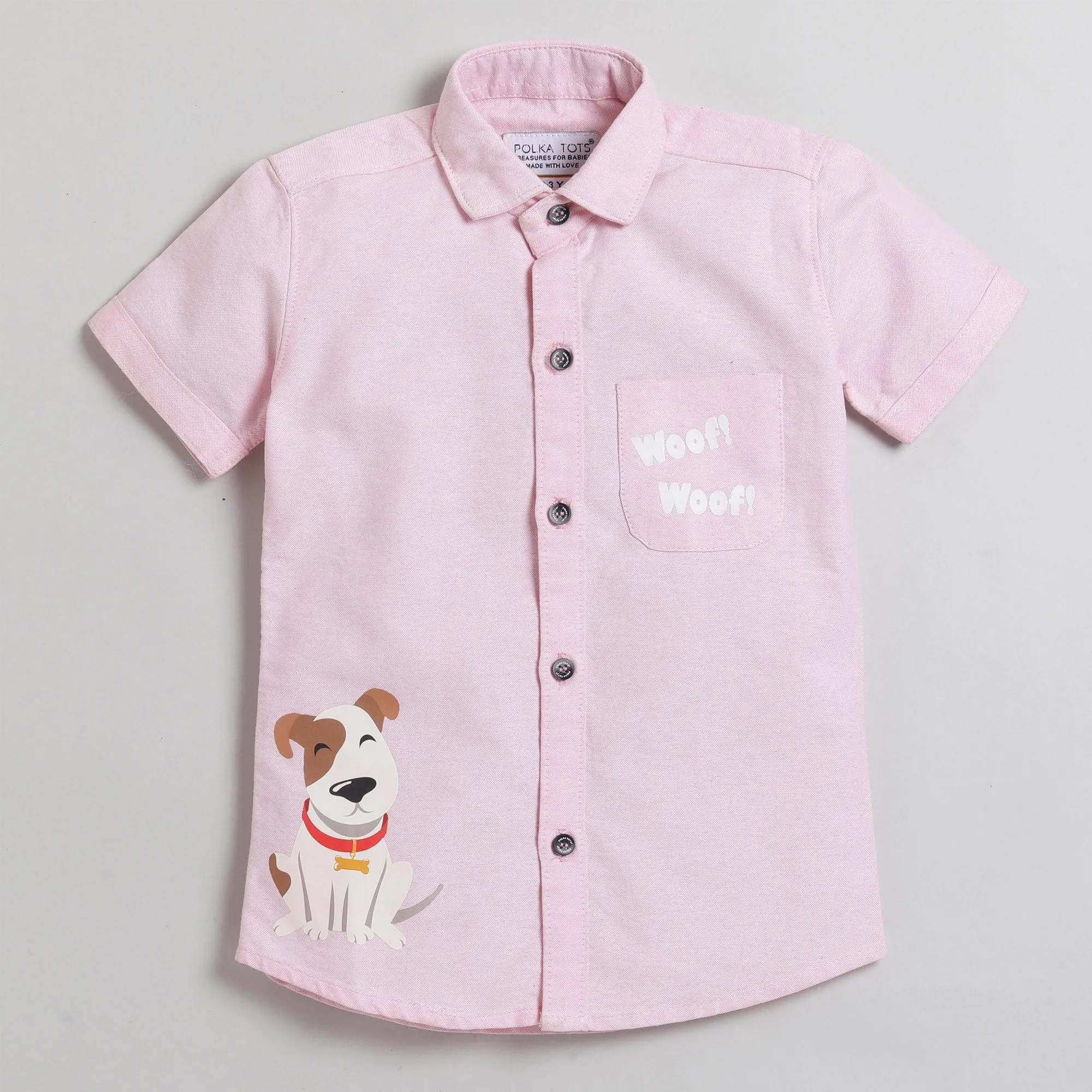 Polka Tots Half Sleeve Shirt Cute Dog With Pocket Woof Print - Pink