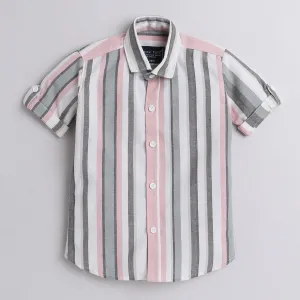 Polka Tots Half Sleeve Shirt Grey Pink White Stripes Grey