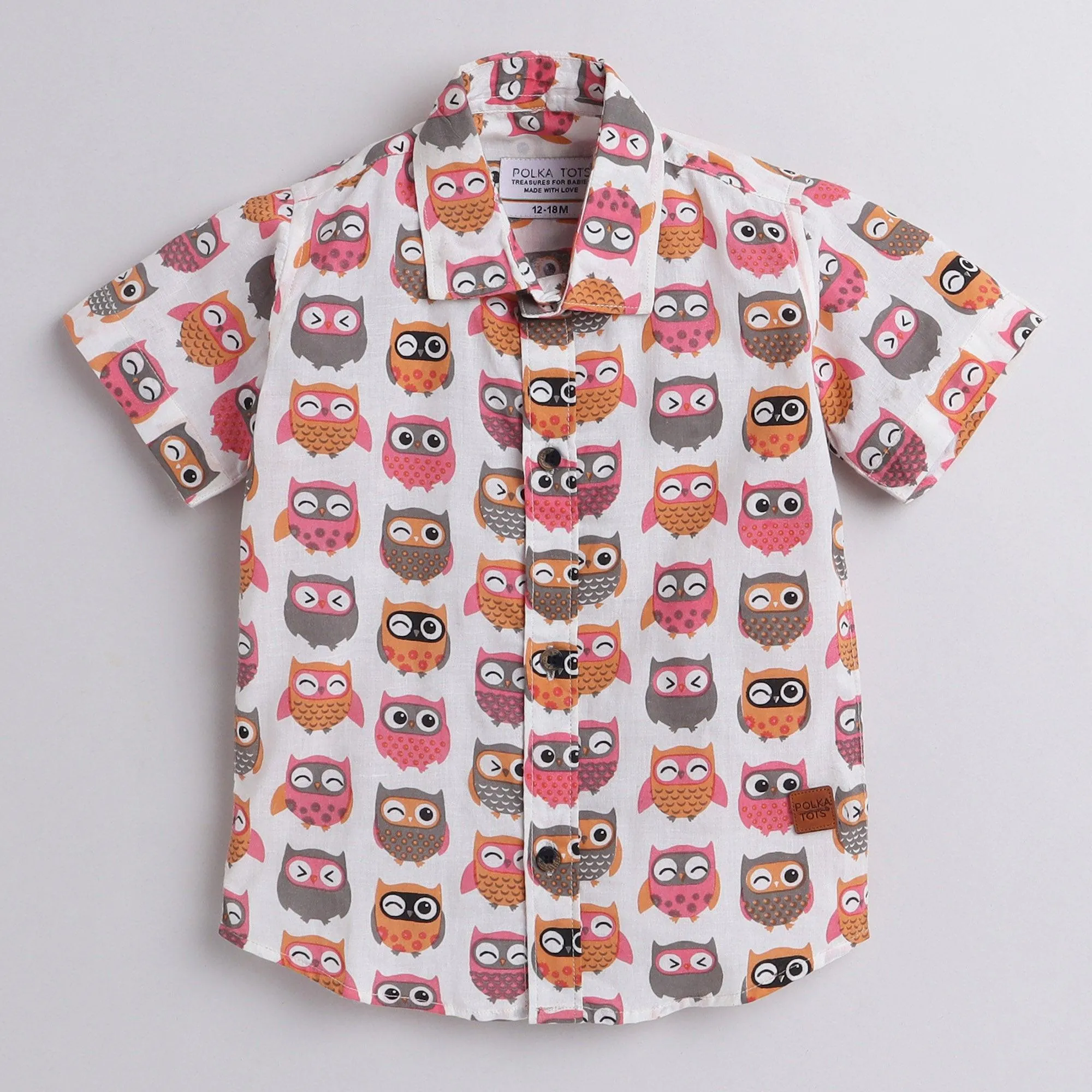 Polka Tots Half Sleeve Shirt Multi Color Owl Print - White