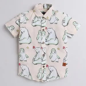 Polka Tots Half Sleeve Shirt Polar Bear and Penguin Print - Peach