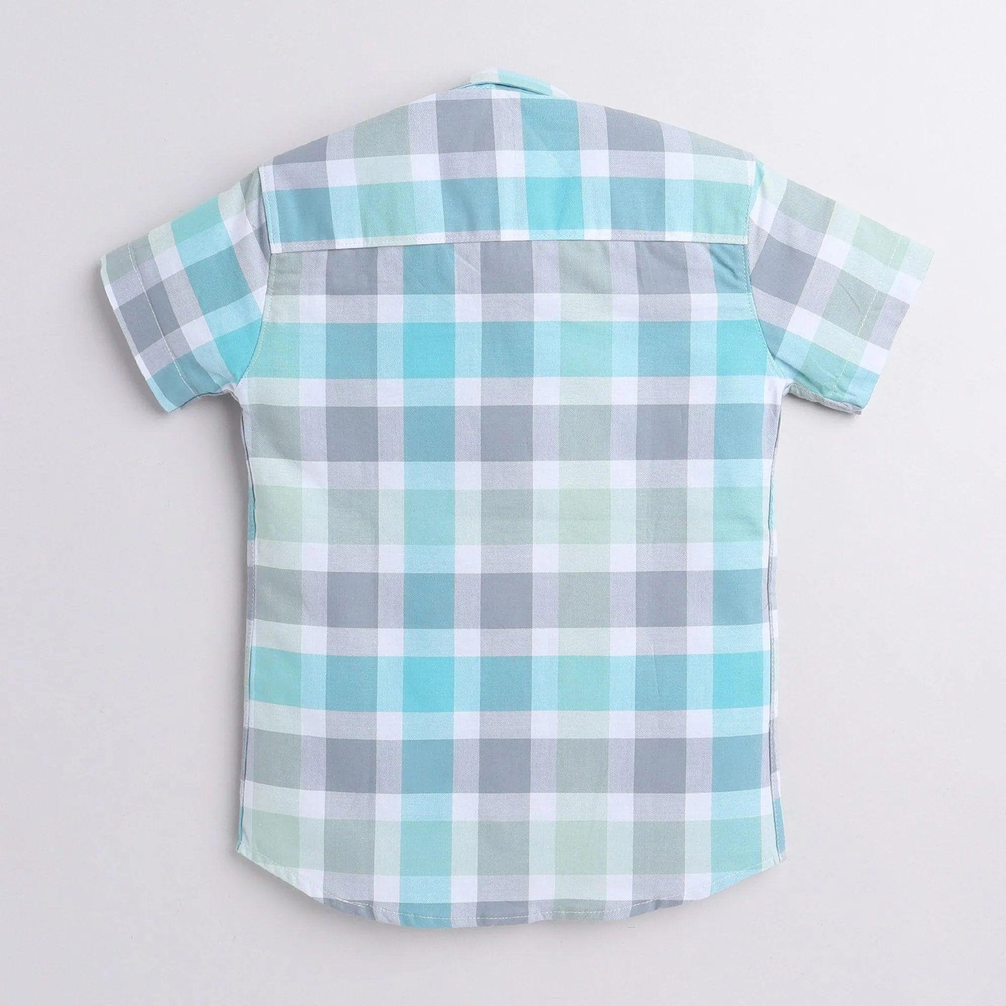 Polka Tots Half Sleeve Super Soft Cotton Checks Shirt With Roll Up Sleeve - Sky Blue