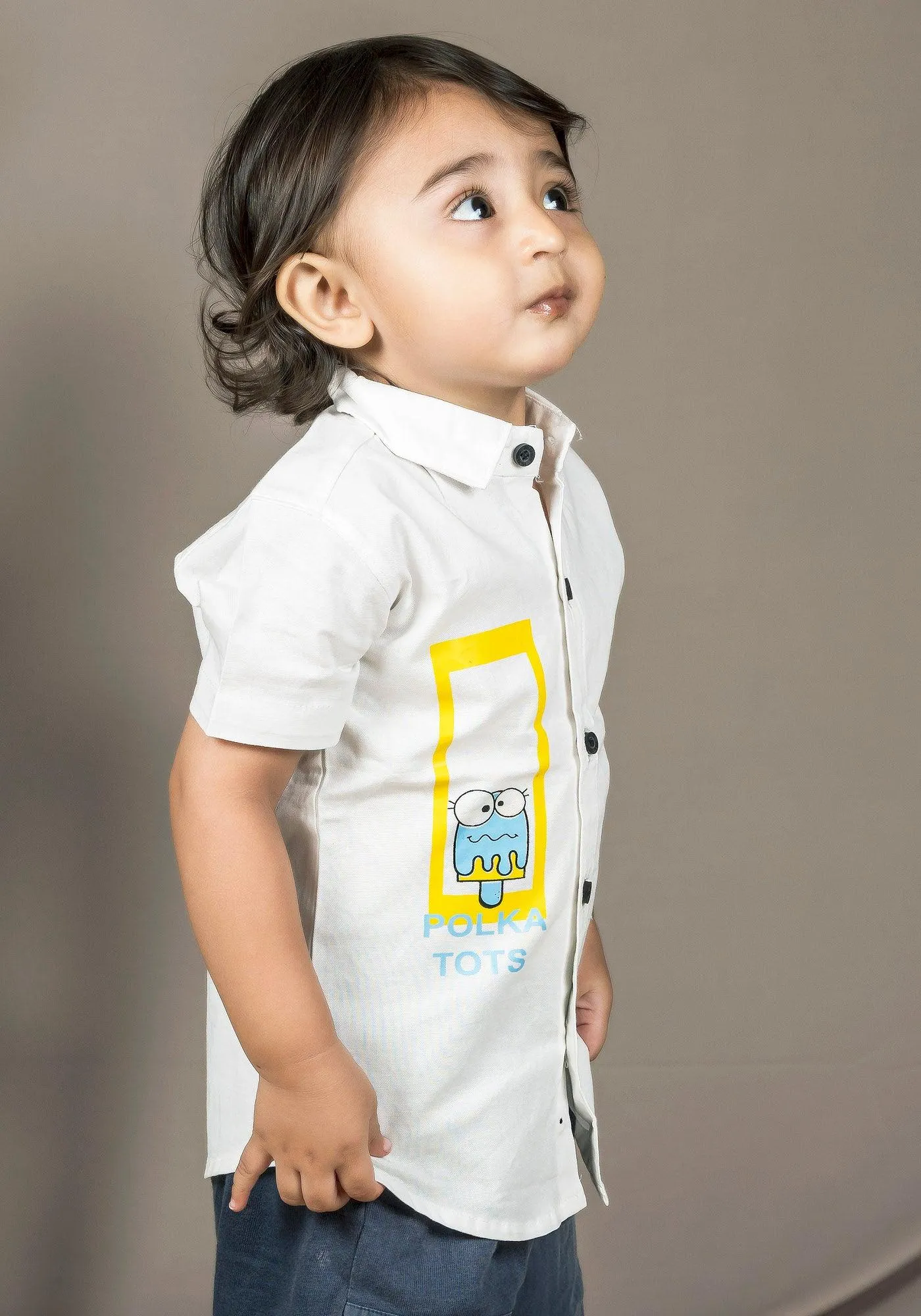 Polka Tots Half Sleeves Brand Name With Ice Cream Print Shirt - White