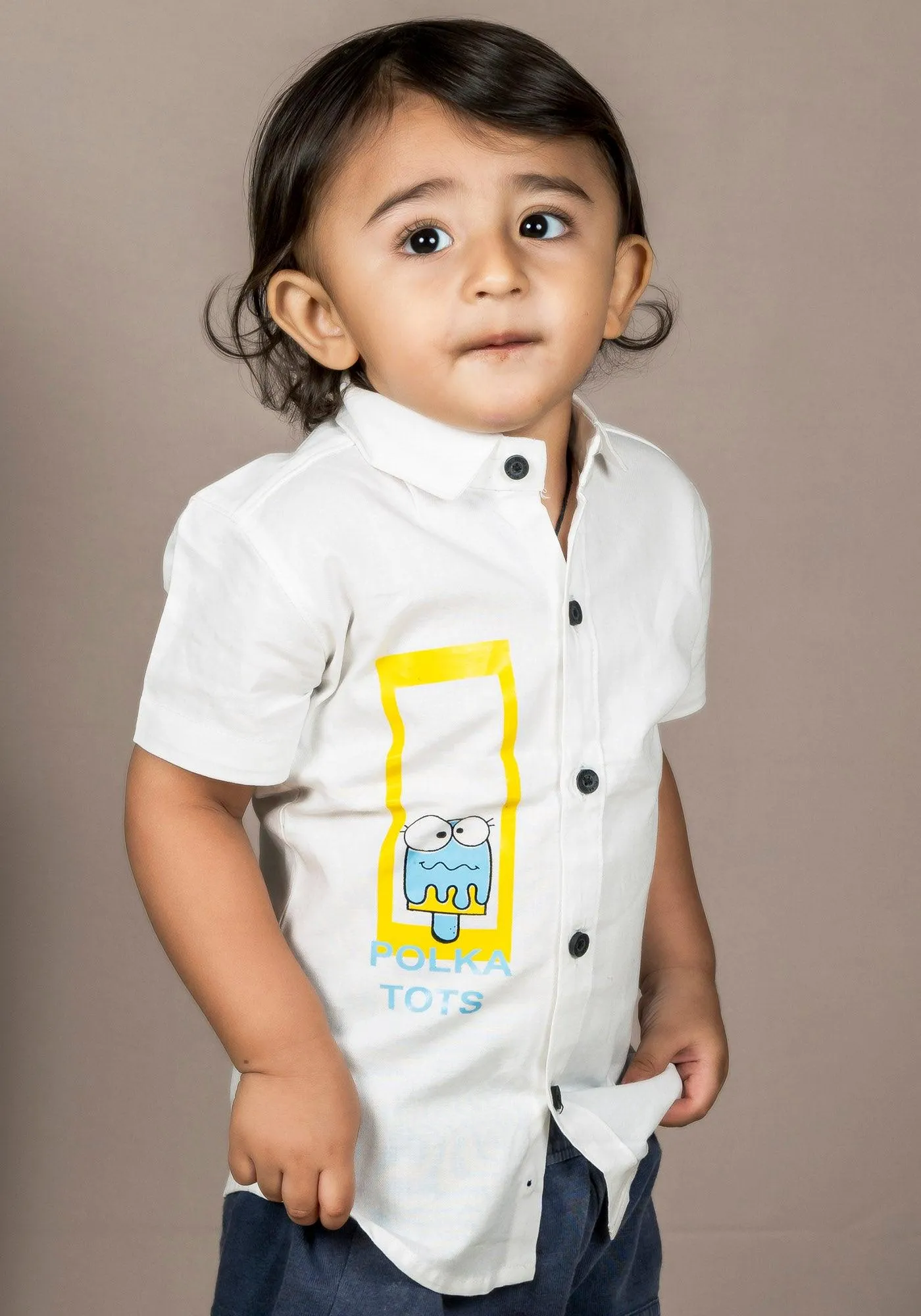 Polka Tots Half Sleeves Brand Name With Ice Cream Print Shirt - White