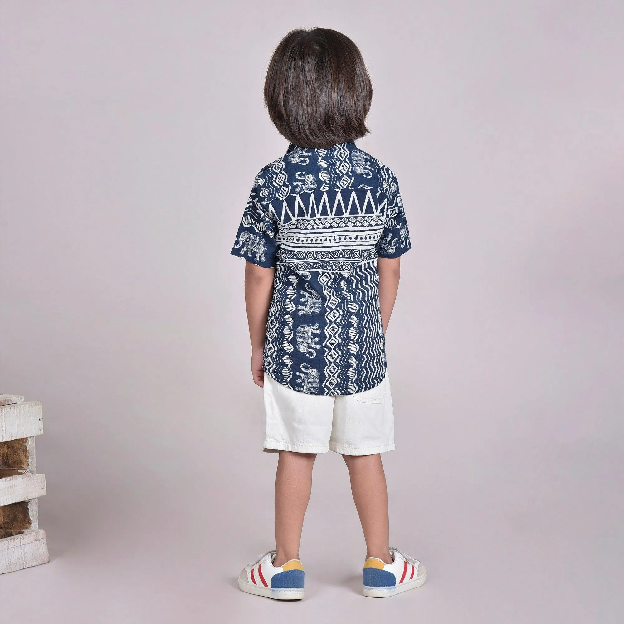 Polka Tots Half Sleeves Geometric Shirt - Navy Blue