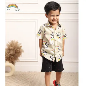 Polka Tots Half Sleeves Panda With Rainbow Print Shirt - Cream