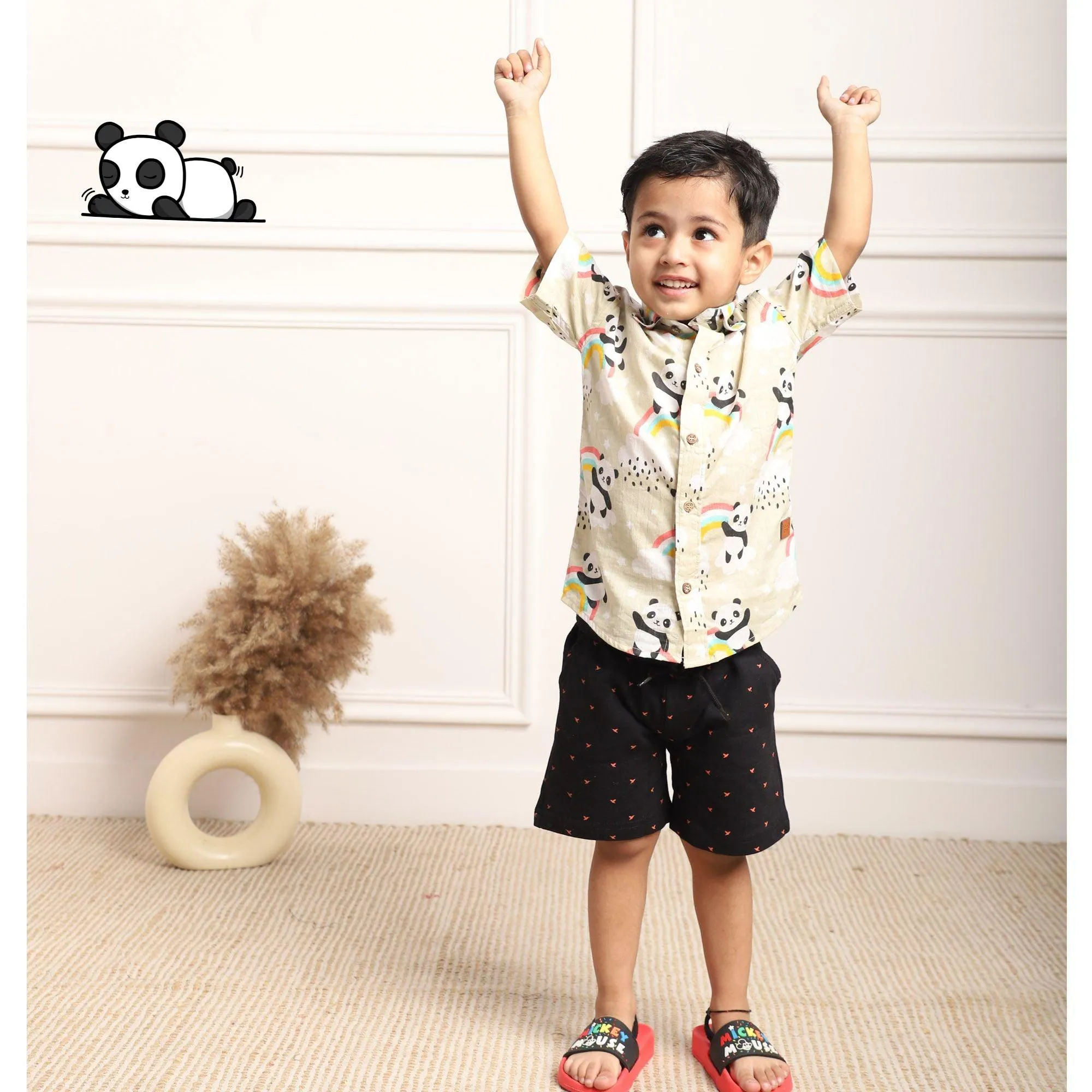 Polka Tots Half Sleeves Panda With Rainbow Print Shirt - Cream