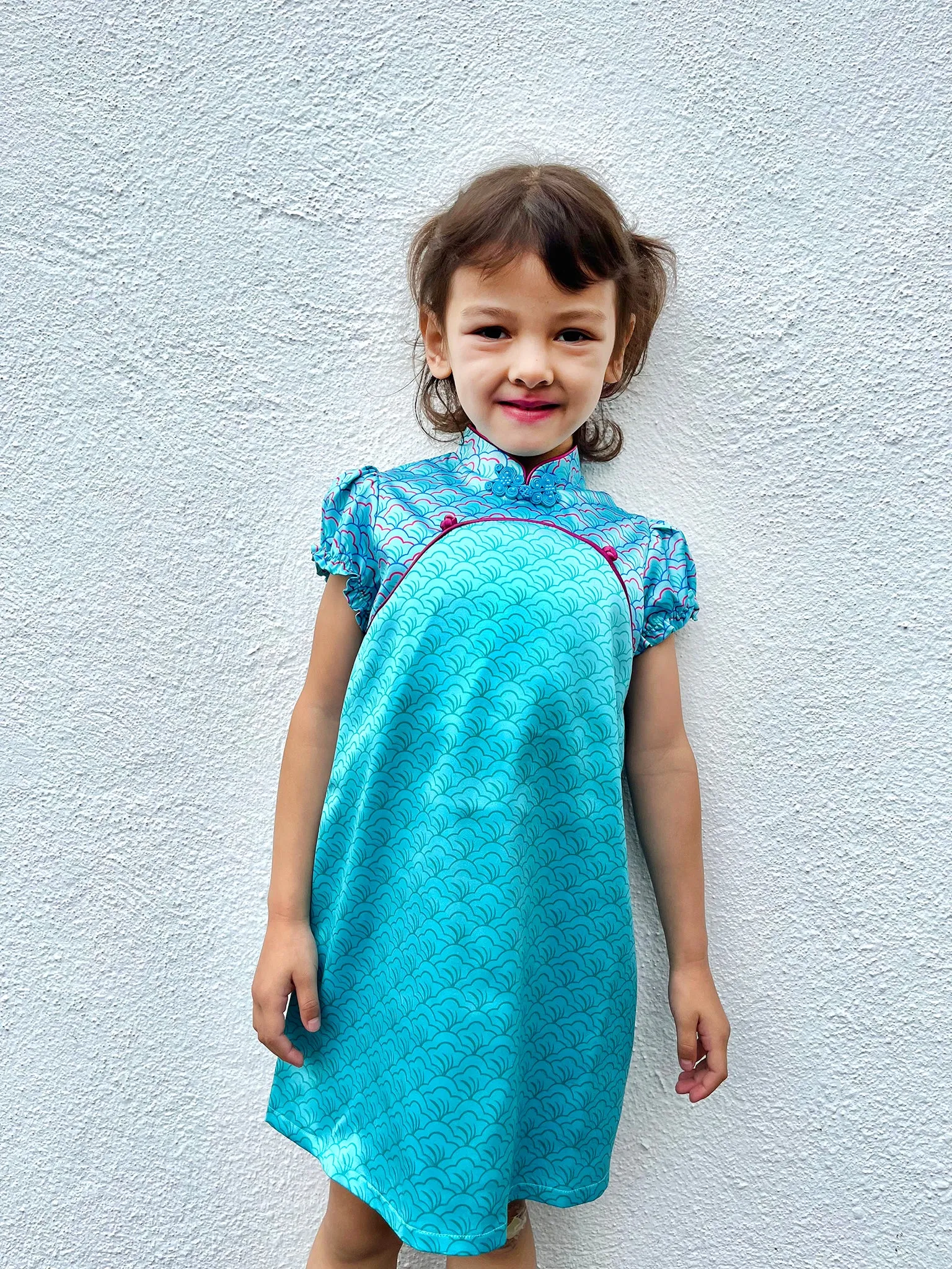 POPPY Girls' Fan Print Satin Cheongsam (Aqua)