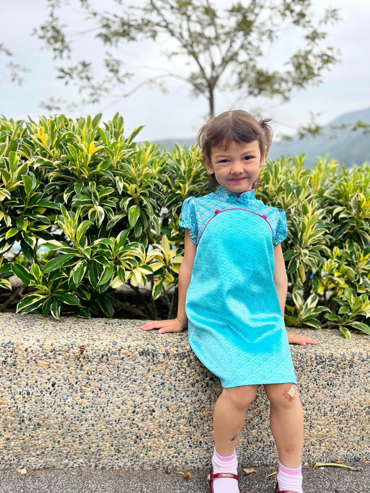 POPPY Girls' Fan Print Satin Cheongsam (Aqua)